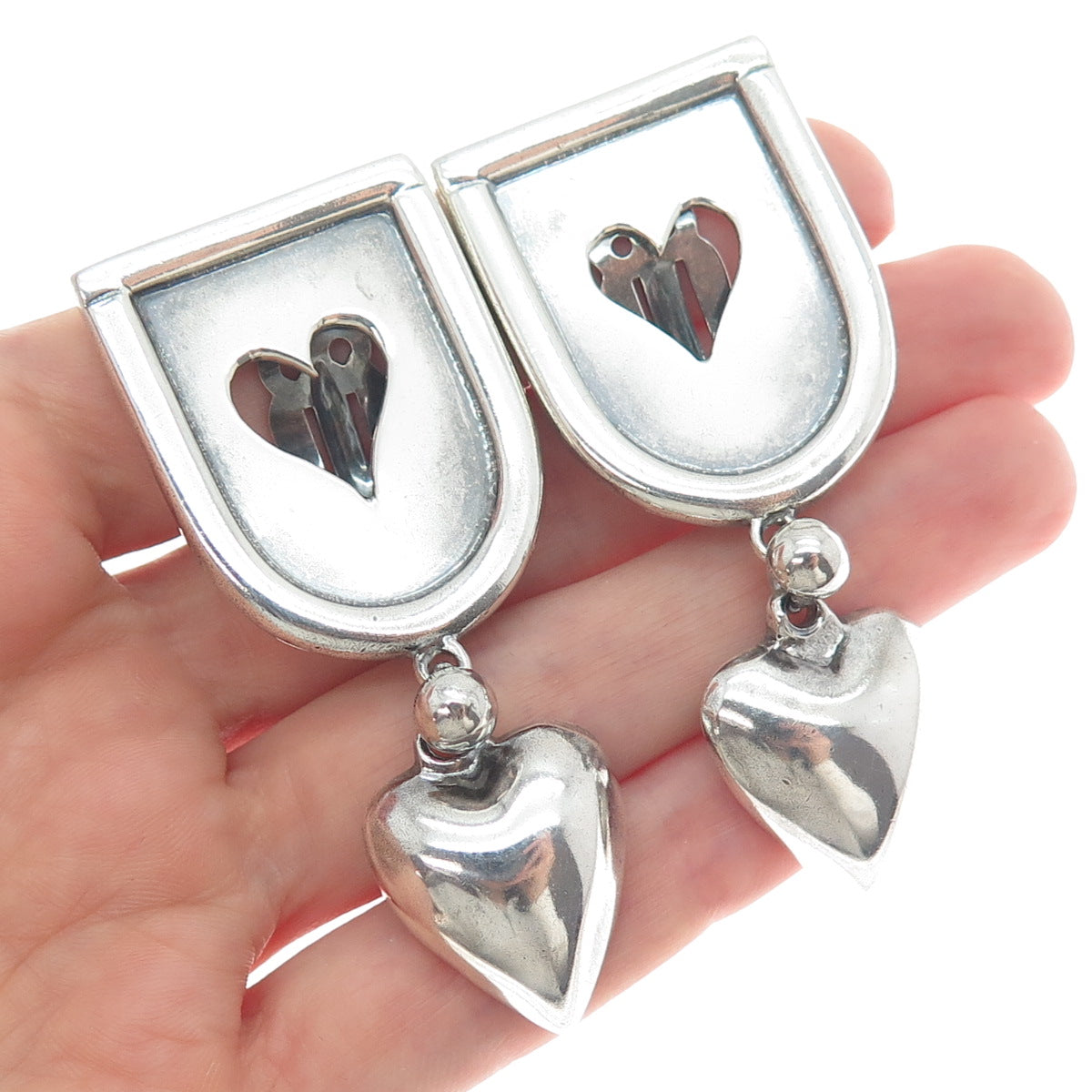 925 Sterling Vintage Mexico Modernist Heart Oxidized Clip On Dangle Earrings