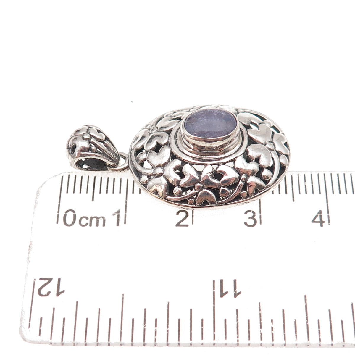 925 Sterling Silver Vintage Real Tanzanite Floral Oxidized Charm Pendant
