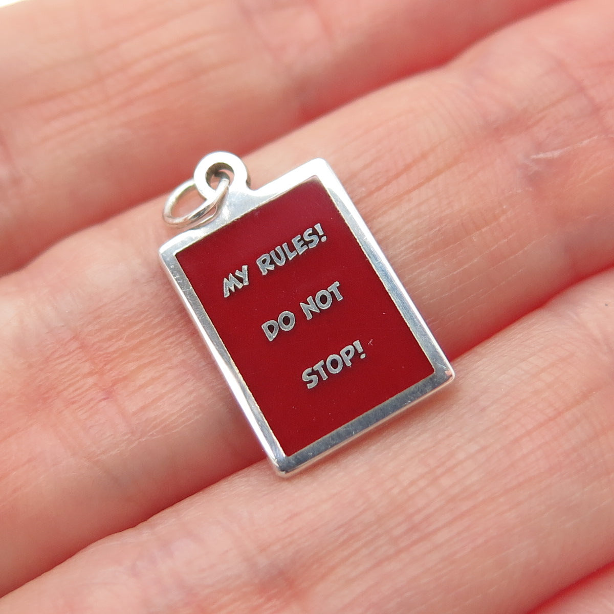 925 Sterling Silver Red Enamel My Rules! Do Not Stop! Minimalist Charm Pendant