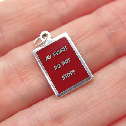925 Sterling Silver Red Enamel My Rules! Do Not Stop! Minimalist Charm Pendant