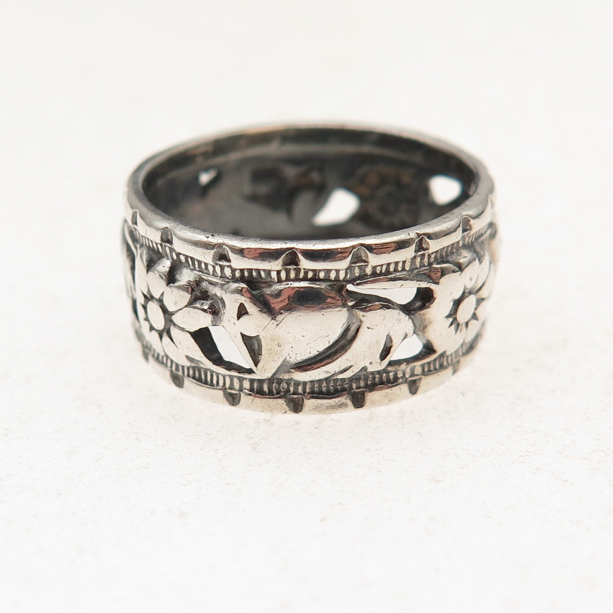 925 Sterling Silver Antique Art Deco Floral Oxidized Band Ring Size 6.75