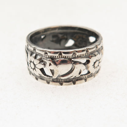 925 Sterling Silver Antique Art Deco Floral Oxidized Band Ring Size 6.75
