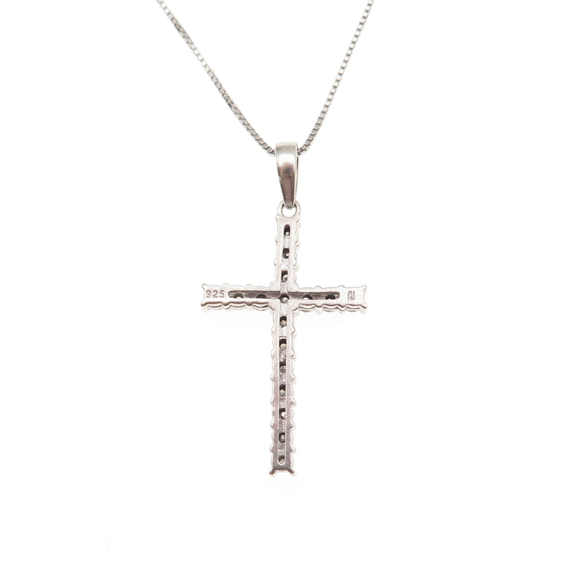 925 Sterling Silver Real Round-Cut Diamond Cross Box Chain Necklace 18"