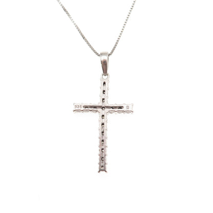 925 Sterling Silver Real Round-Cut Diamond Cross Box Chain Necklace 18"