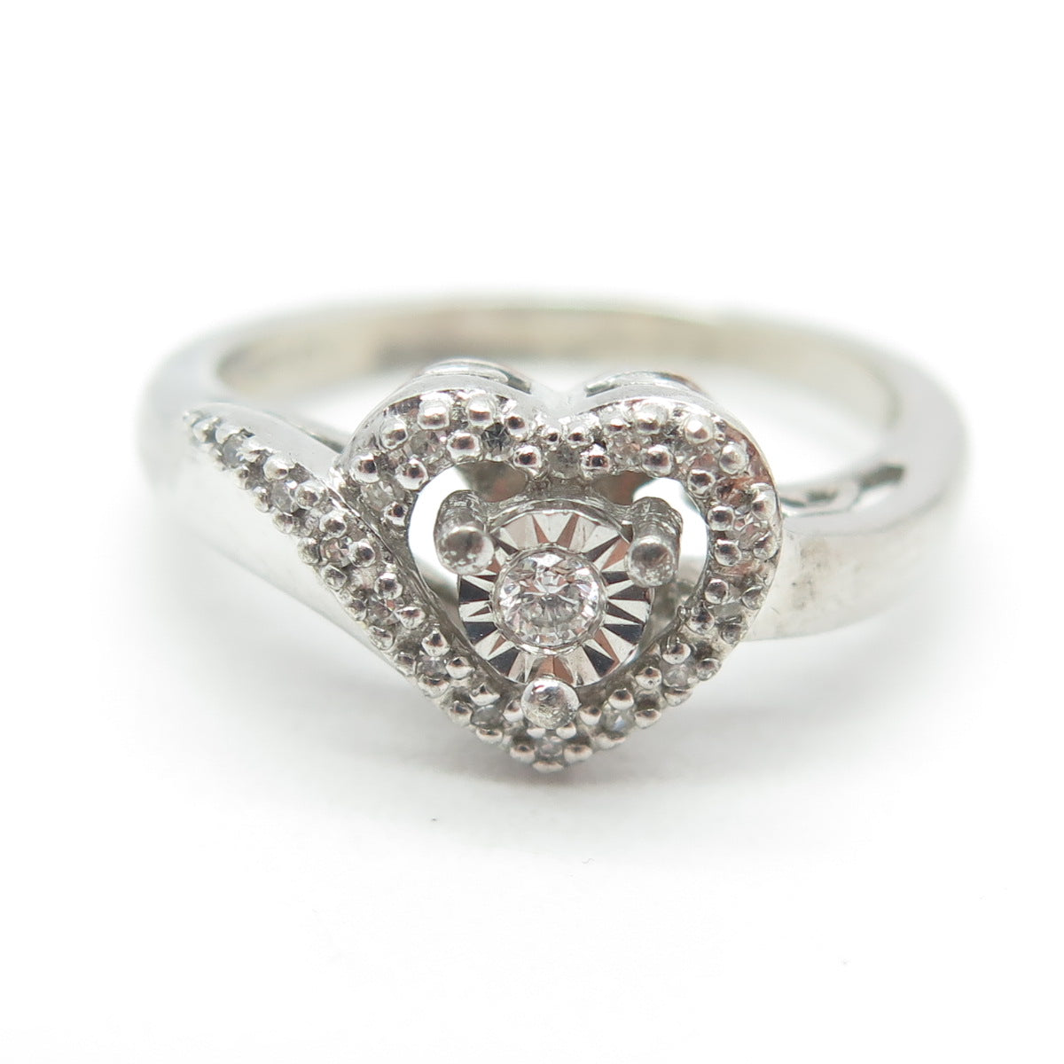 925 Sterling Silver Real Round-Cut Diamond Heart Ring Size 7.5