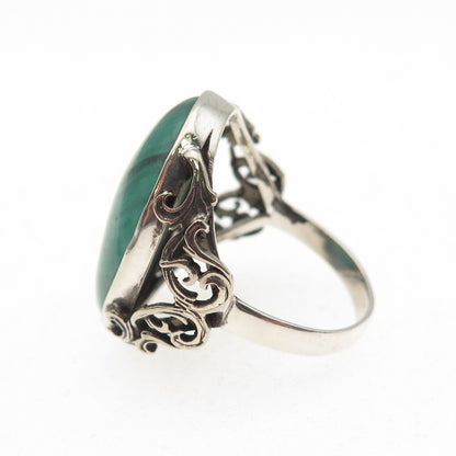 925 Sterling Silver Antique Art Deco Real Malachite Floral Oxidized Ring Size 7