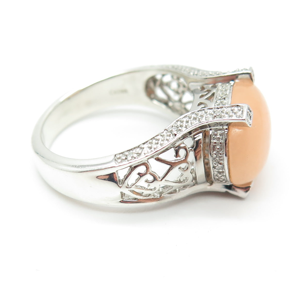 925 Sterling Silver Real Round-Cut Diamond & Peach Jade Heart Ring Size 11