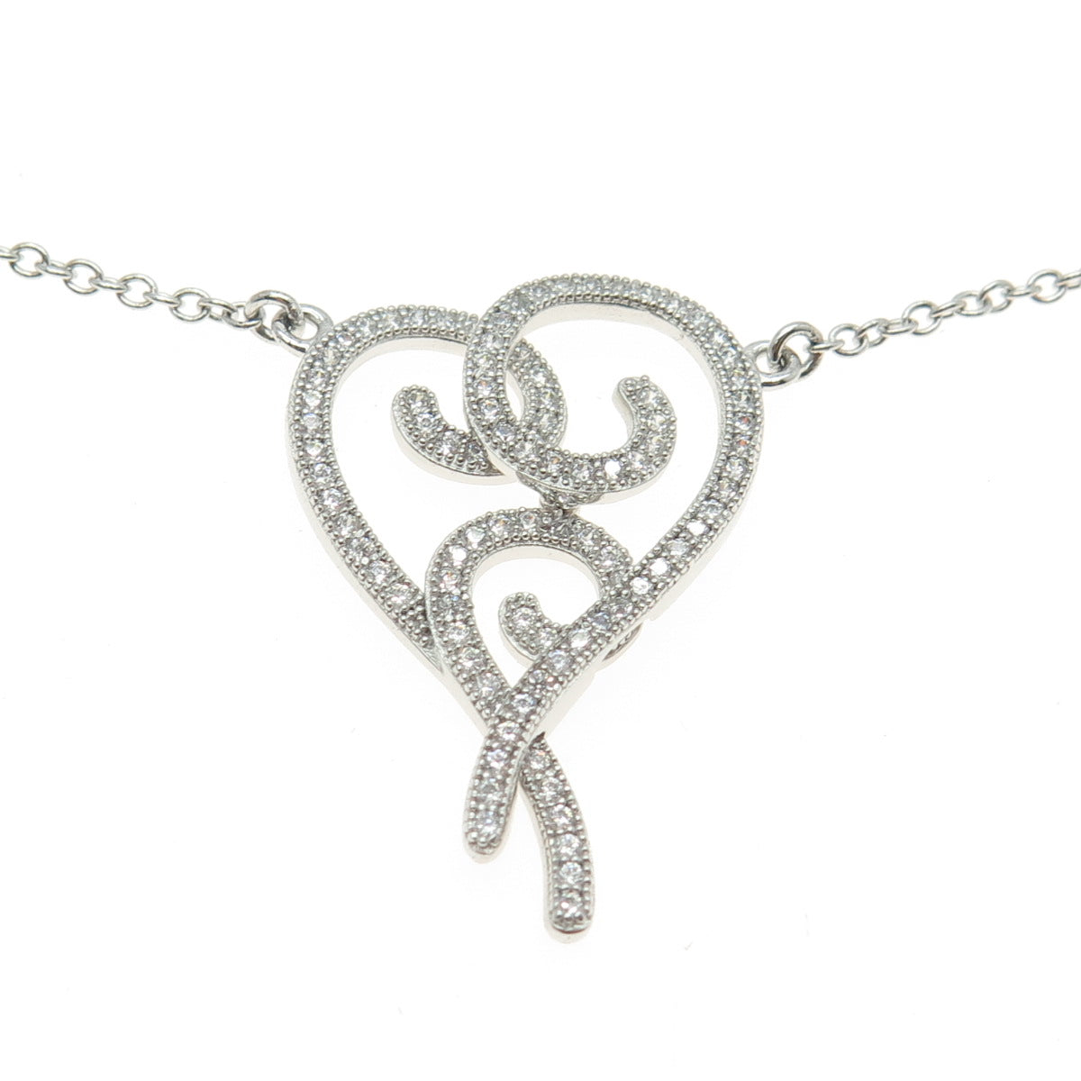 925 Sterling Silver Round-Cut C Z Swirl Heart Cable Chain Necklace 16-18"