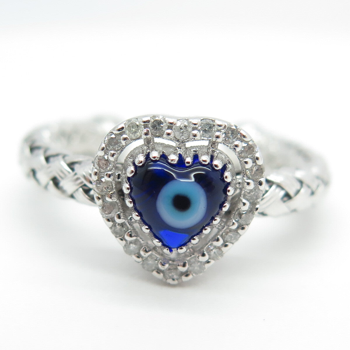 925 Sterling Silver Diamond Glass Evil Eye Heart Woven Adjustable Ring Size 5.5