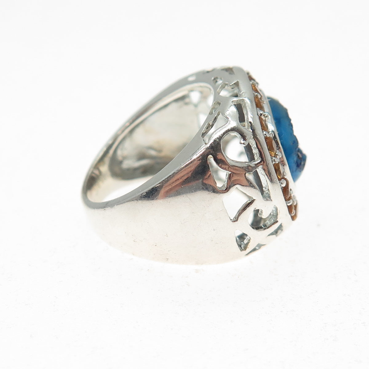 925 Sterling Silver Real Oval-Cut Druzy & Round-Cut Citrine Ring Size 5.25