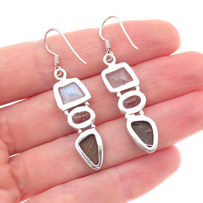 925 Sterling Silver Vintage Real Moonstone Opal & Blue Topaz Dangle Earrings