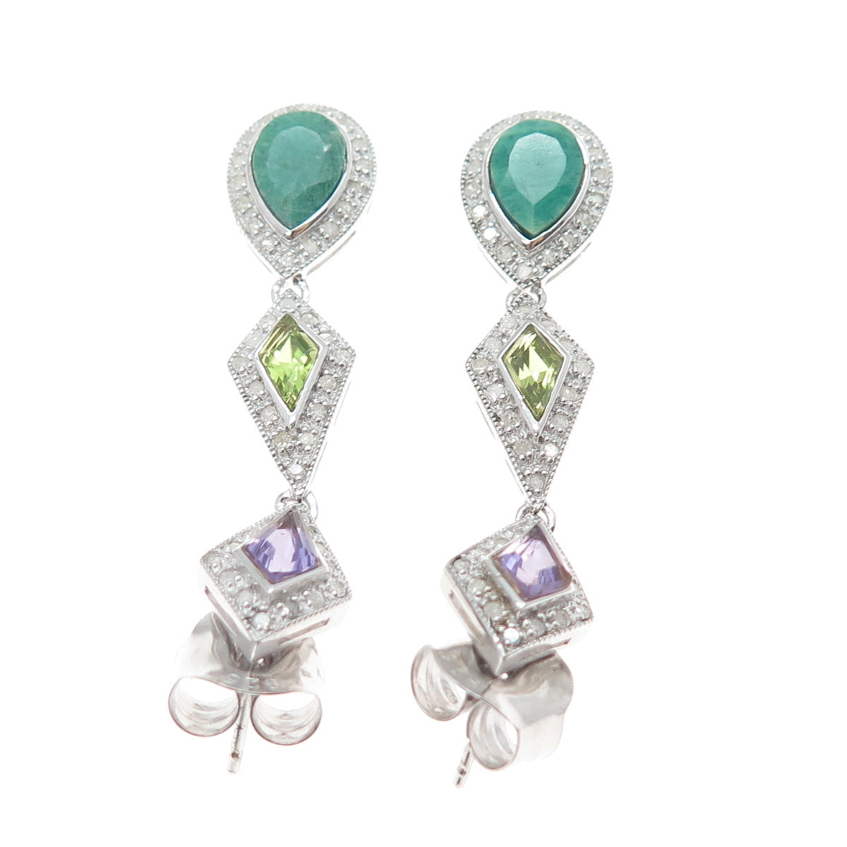 925 Sterling Silver Real Diamond Emerald Amethyst & Peridot Dangle Earrings