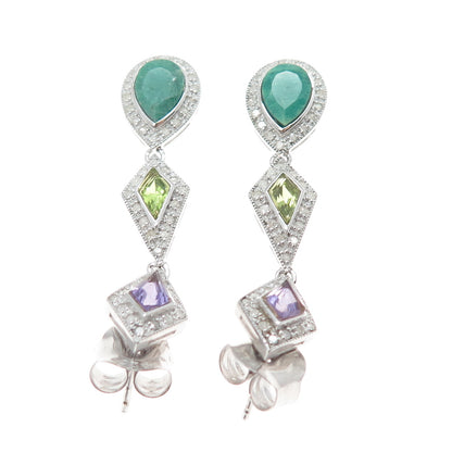 925 Sterling Silver Real Diamond Emerald Amethyst & Peridot Dangle Earrings