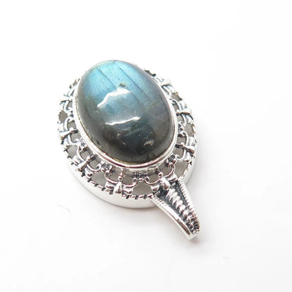 925 Sterling Silver Vintage Real Cabochon Labradorite Gem Swirl Oval Pendant