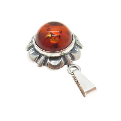 925 Sterling Silver Vintage Real Amber Flower Minimalist Pendant