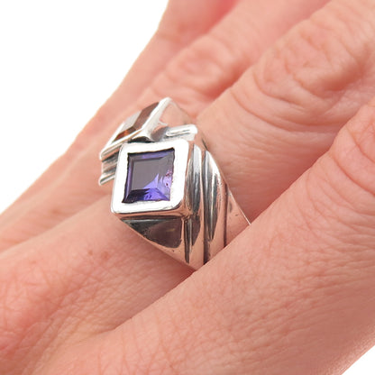 925 Sterling Silver Vintage Lab-Created Multi-Sapphire Modernist Ring Size 6.5