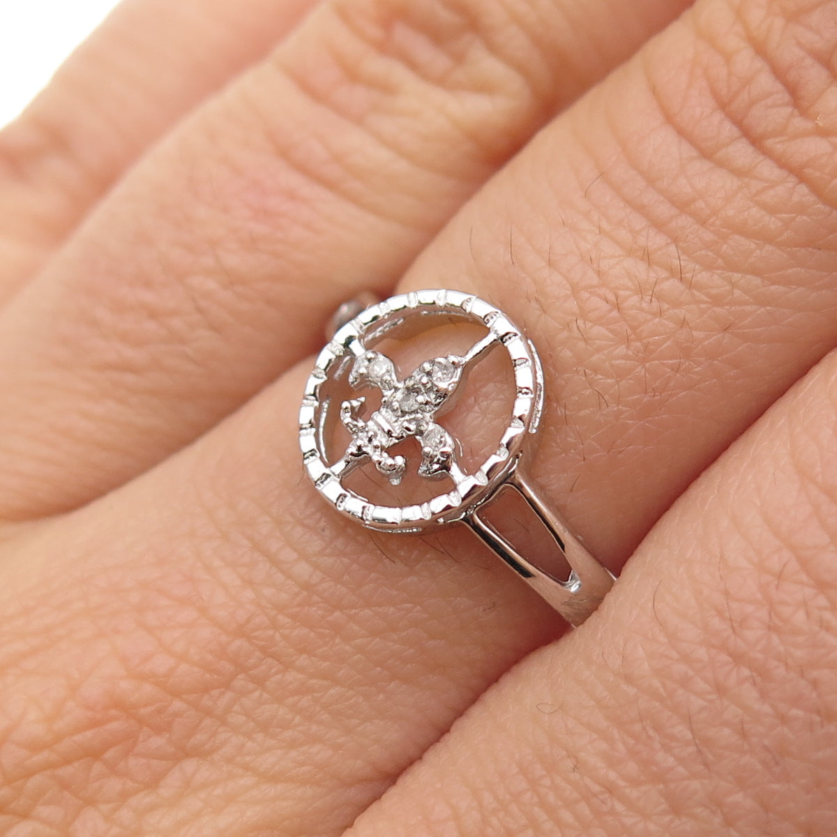 925 Sterling Silver Real Round-Cut Diamond Fleur de Lis Ring Size 7