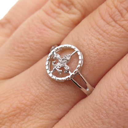 925 Sterling Silver Real Round-Cut Diamond Fleur de Lis Ring Size 7