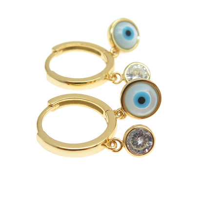 925 Sterling Silver Gold Plated C Z & Enamel Evil Eye Hoop Earrings