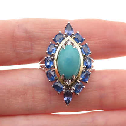 925 Sterling Silver 2-Tone Real Turquoise Sapphire & White Topaz Ring Size 8.25
