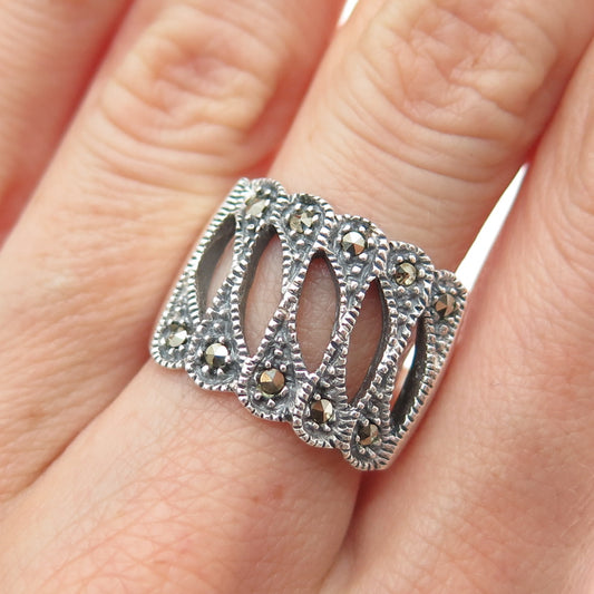925 Sterling Silver Vintage Real Marcasite Modernist Ribbed Ring Size 8.75