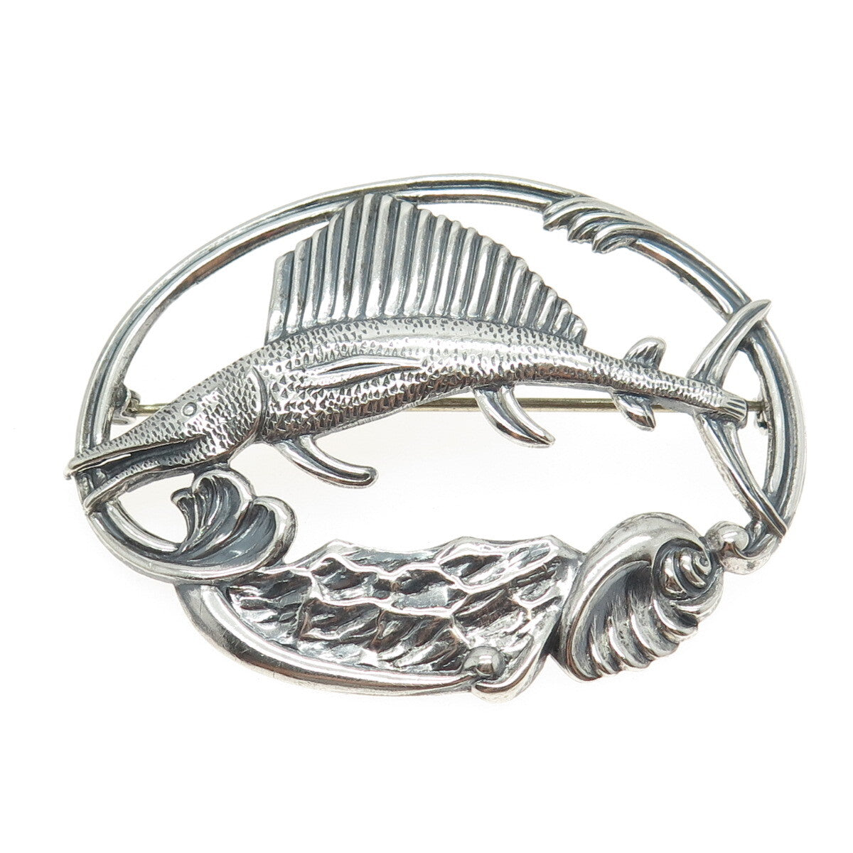 925 Sterling Silver Antique Art Deco Sailfish Repousse Pin Brooch
