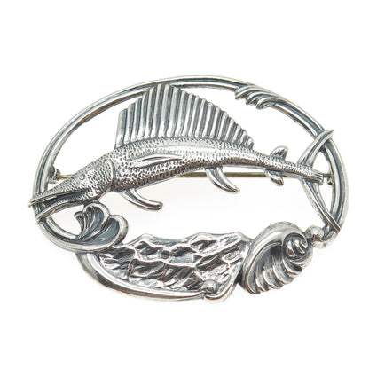 925 Sterling Silver Antique Art Deco Sailfish Repousse Pin Brooch