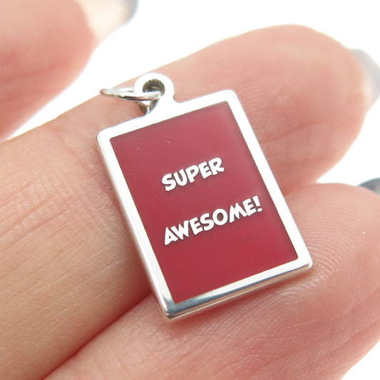 925 Sterling Silver Red Enamel "Super Awesome!" Minimalist Charm Pendant