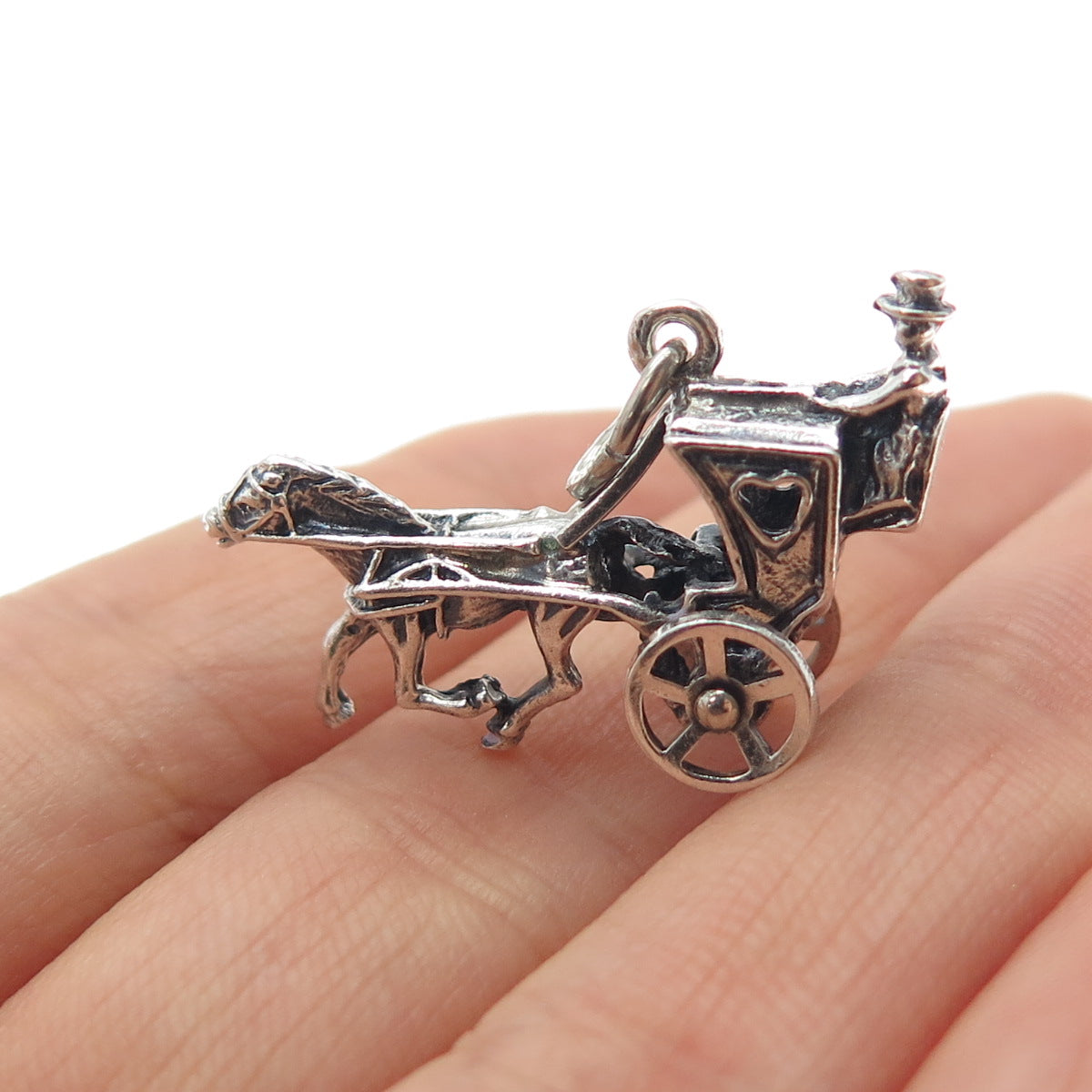 BEAU 925 Sterling Silver Vintage Horse & Carriage Oxidized 3D Charm Pendant