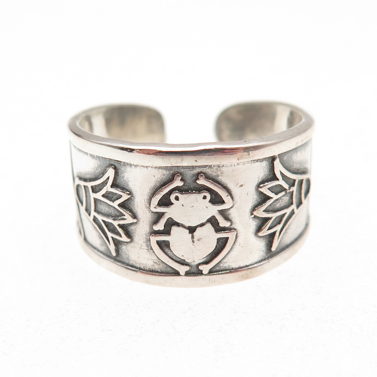 800 Silver Vintage Egyptian Scarab & Flower Oxidized Adjustable Ring Size 9