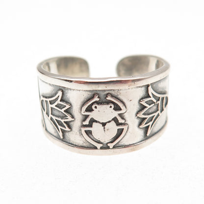 800 Silver Vintage Egyptian Scarab & Flower Oxidized Adjustable Ring Size 9