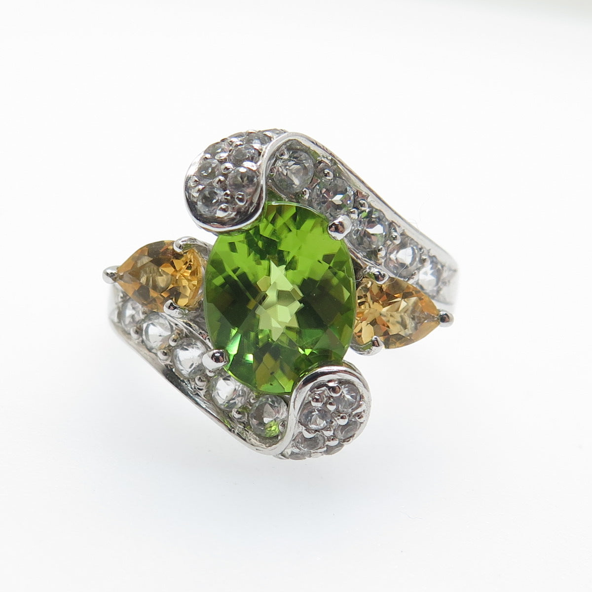 925 Sterling Silver Real Light Blue Topaz Peridot & Citrine Ring Size 7.25