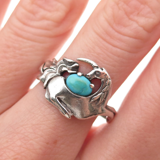 925 Sterling Silver Vintage Real Turquoise Unicorn Oxidized Ring Size 9.75