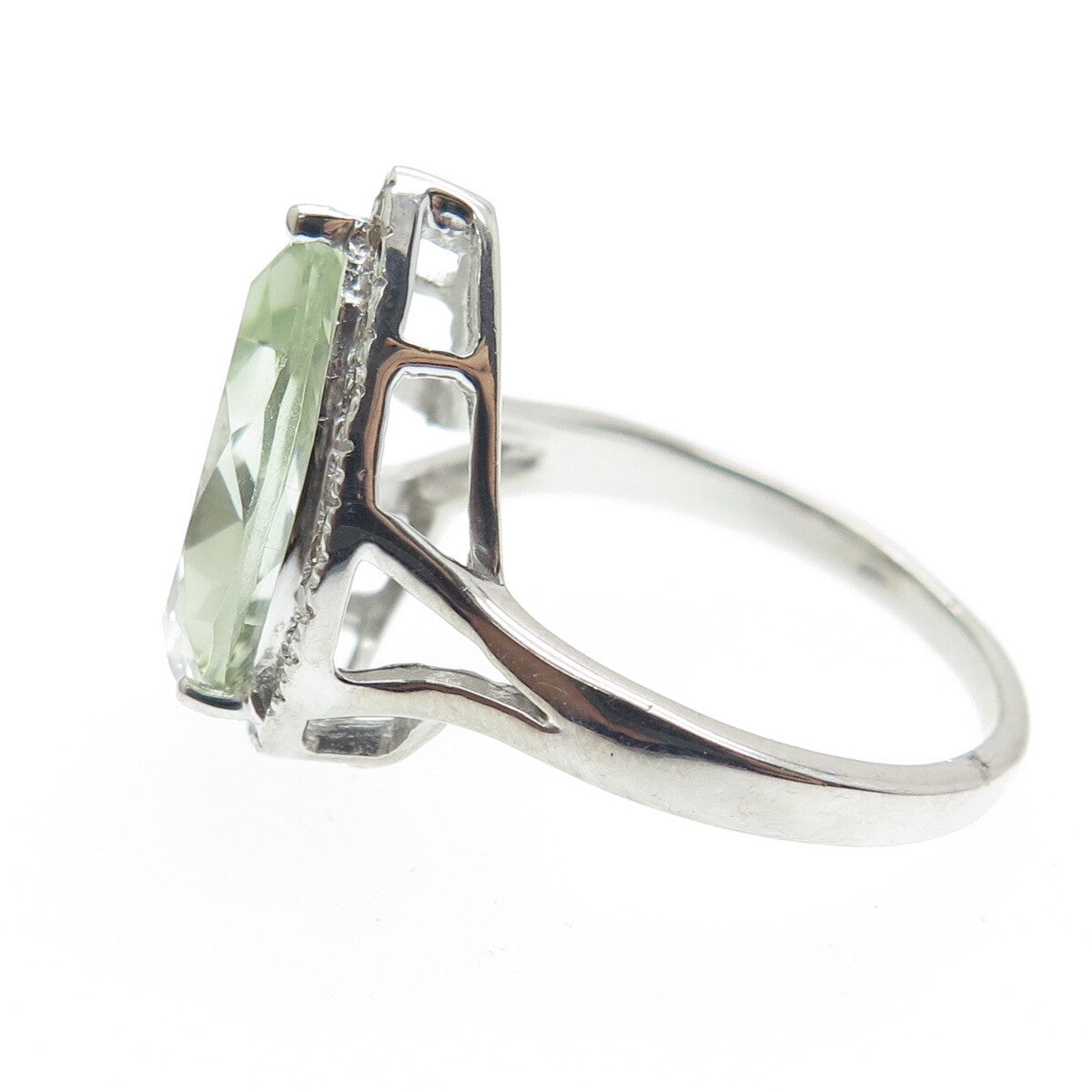 DSMK 925 Sterling Silver Diamond & Pear-Cut Green Amethyst Gem Ring Size 7.25
