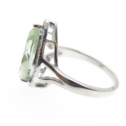 DSMK 925 Sterling Silver Diamond & Pear-Cut Green Amethyst Gem Ring Size 7.25
