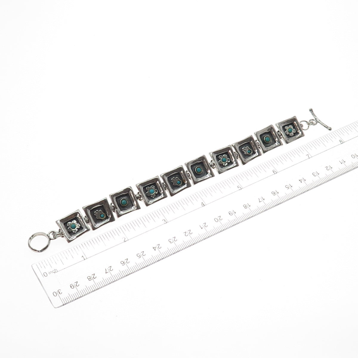 LIOR 925 Sterling Silver Vintage Real Turquoise Hamsa & Flower Bracelet 7.25"