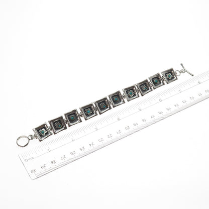 LIOR 925 Sterling Silver Vintage Real Turquoise Hamsa & Flower Bracelet 7.25"