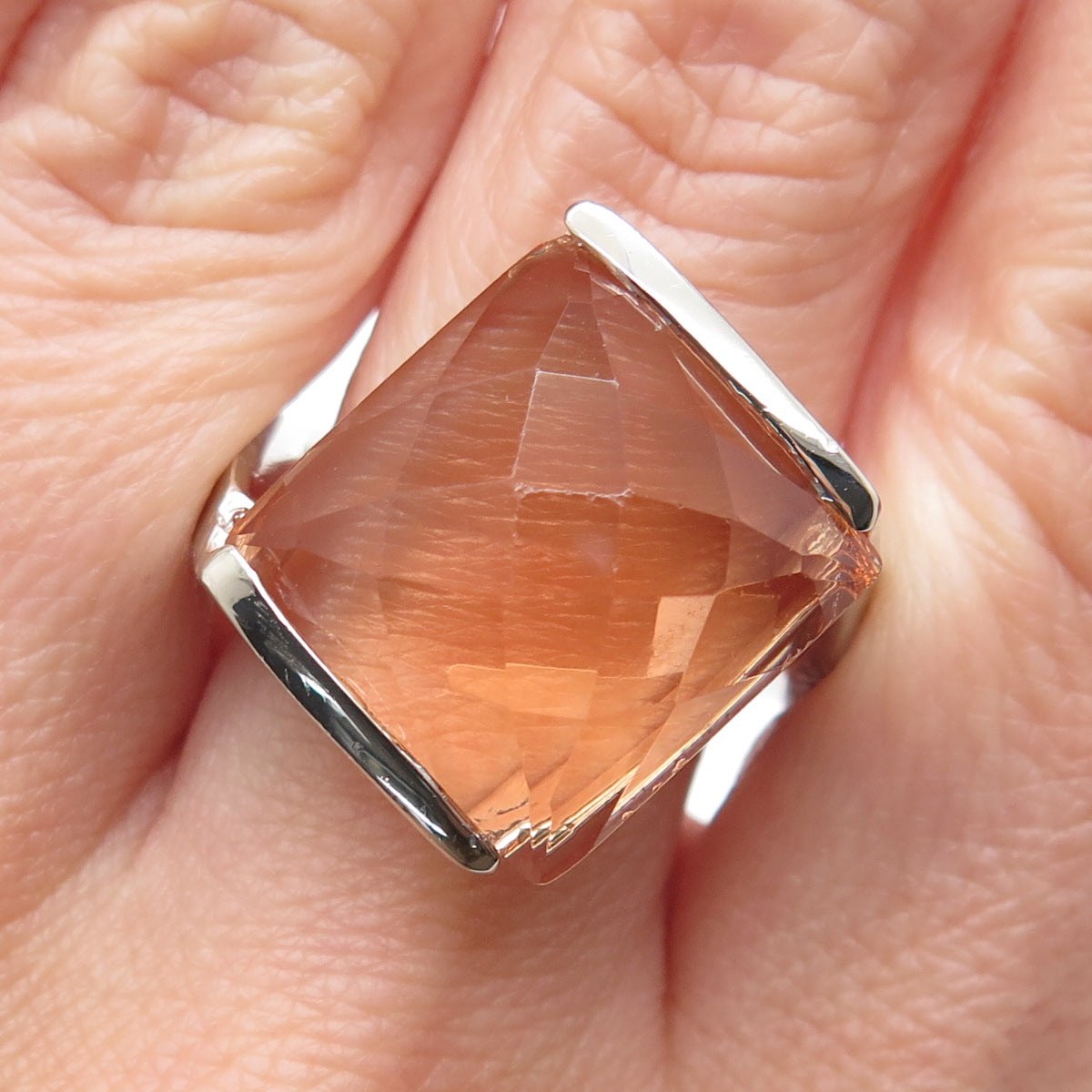 925 Sterling Silver Peach-Color C Z Modernist Statement Ring Size 9
