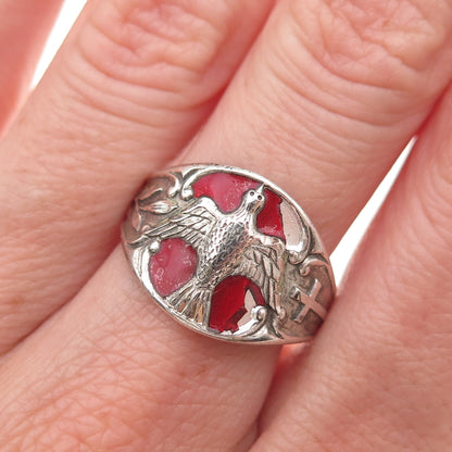 Creed 925 Sterling Antique Art Deco Enamel Holy Spirit Adjustable Ring Size 8.75