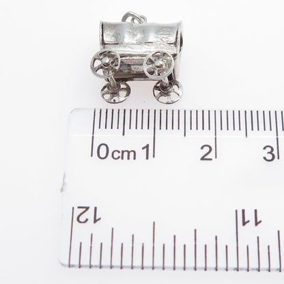 925 Sterling Silver Vintage Farmers Carriage Oxidized Minimalist 3D Pendant