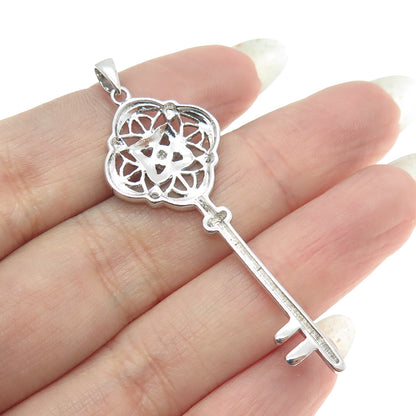 925 Sterling Silver Real Round-Cut Diamond Floral Key Pendant