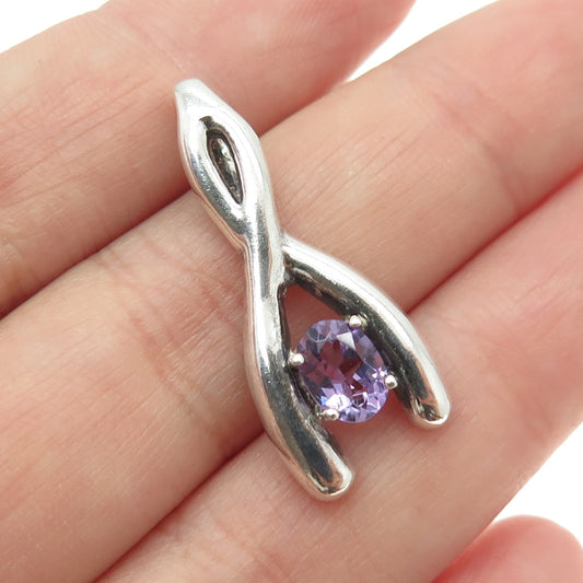 925 Sterling Silver Vintage Real Amethyst Wishbone Pendant