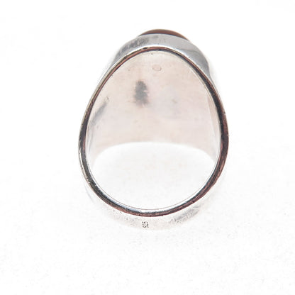 925 Sterling Silver Vintage Real Amber Modernist Oxidized Ring Size 9.25