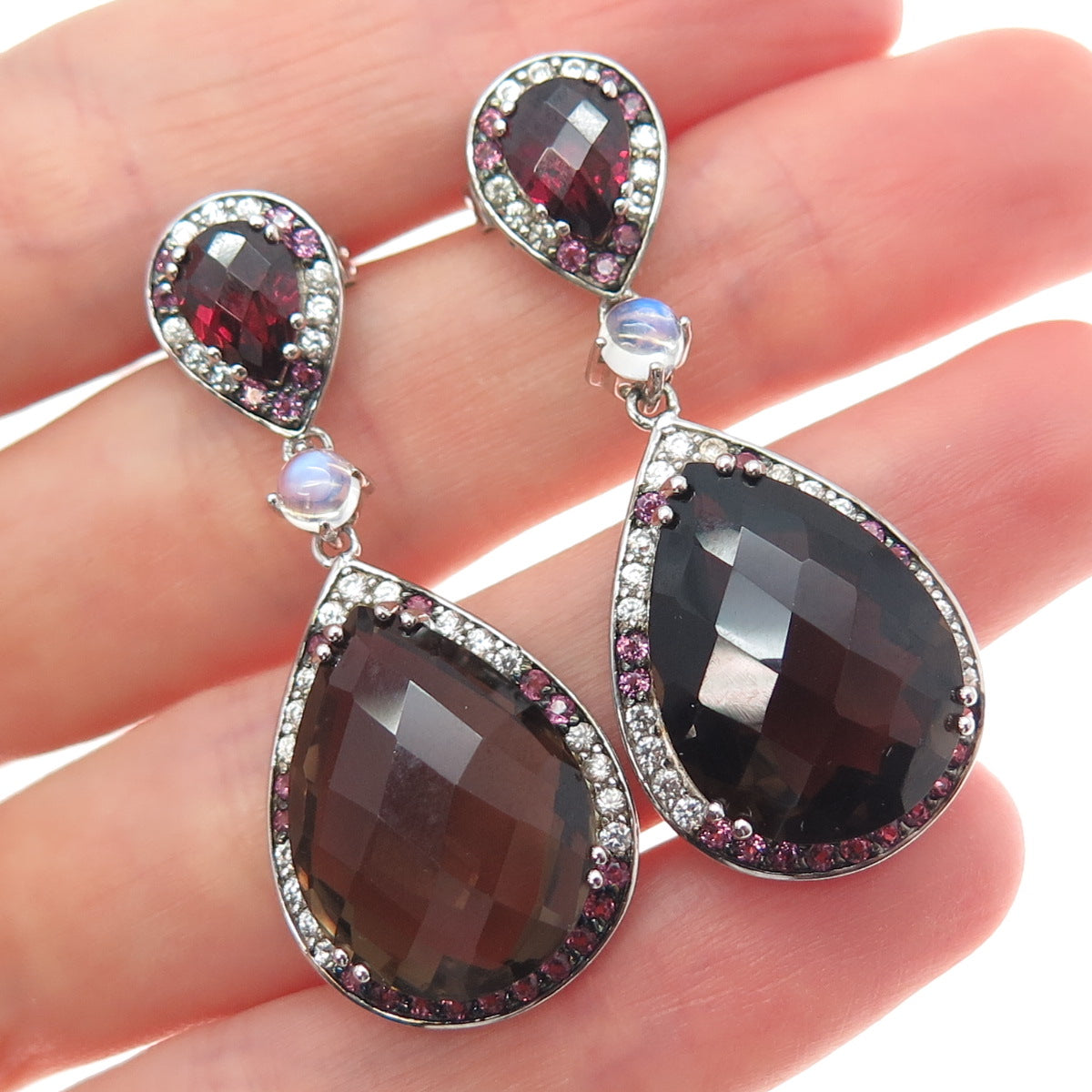 925 Sterling Silver Real Smoky Quartz Topaz Tourmaline Moonstone Dangle Earrings