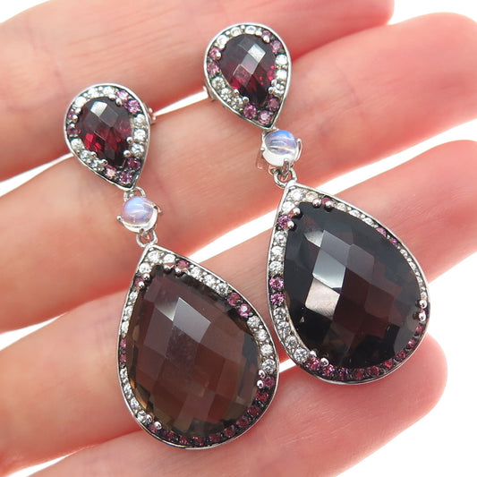 925 Sterling Silver Real Smoky Quartz Topaz Tourmaline Moonstone Dangle Earrings