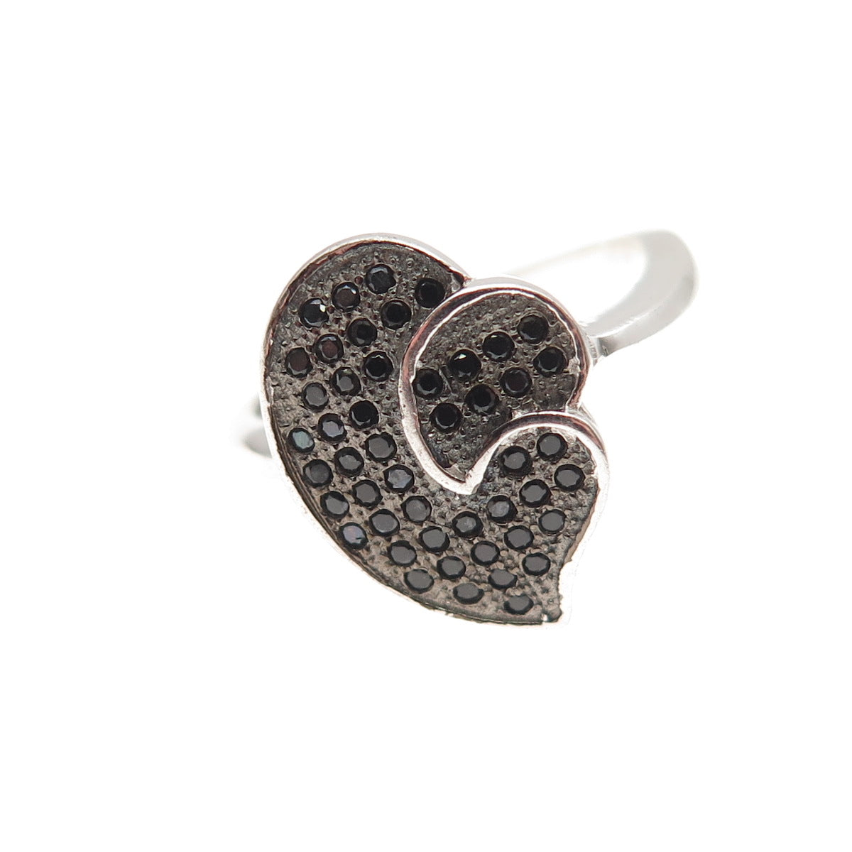925 Sterling Silver Round-Cut Black C Z Double Heart Ring Size 5.5