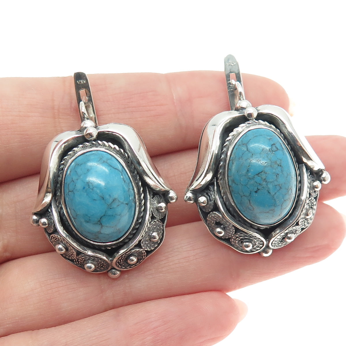 925 Sterling Silver Vintage Real Turquoise Modernist Filigree Floral Earrings