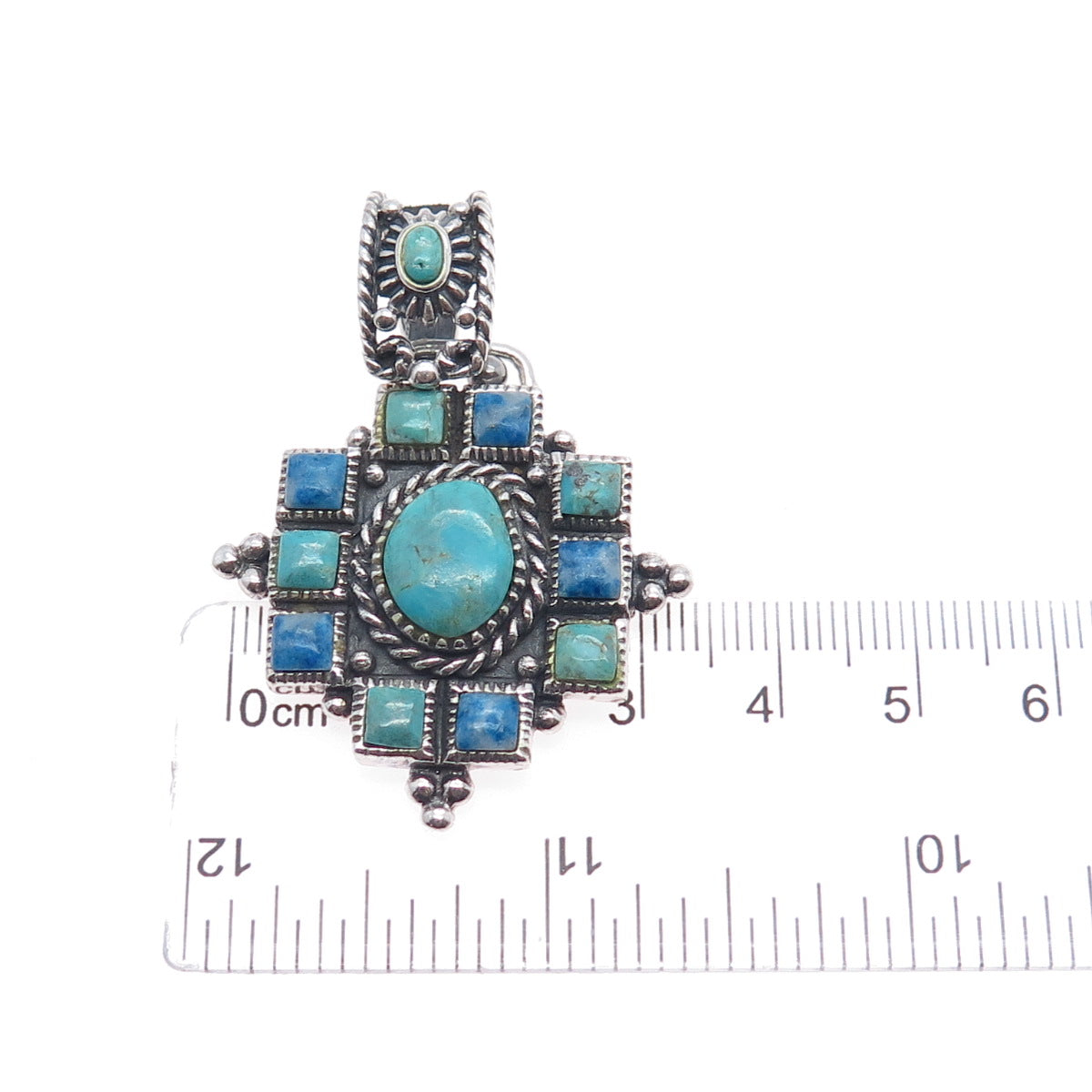 925 Sterling Silver Vintage Real Turquoise & Denim Lapis Cross Charm Pendant