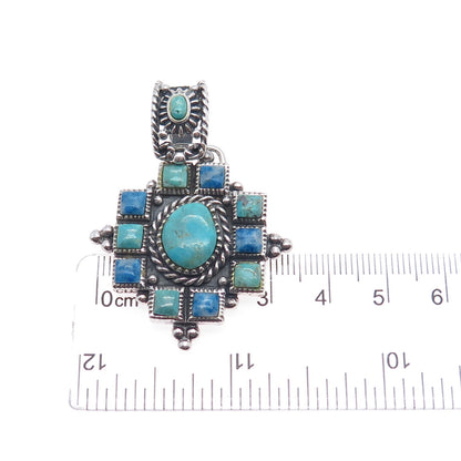 925 Sterling Silver Vintage Real Turquoise & Denim Lapis Cross Charm Pendant