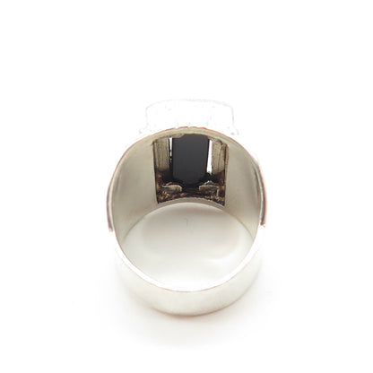 925 Sterling Silver Vintage 2-Tone Real Black Onyx Modernist Ring Size 6.75